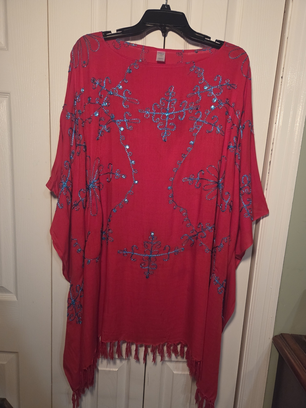 Sol & Spa Red Poncho Top Swim Cover Up Sequin Embroidered Fringe One Size OSFM